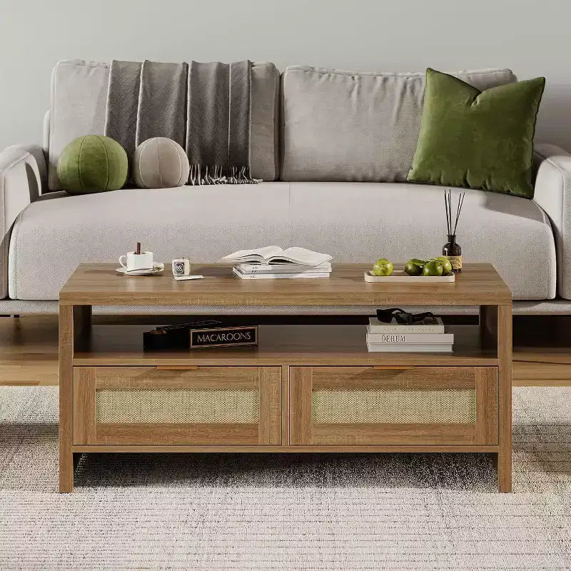 Table basse Acekool Bohemian Chic en chêne, tiroirs en rotin, poignées dorées, 2 tiroirs de rangement, moderne Mid-Century, marron vintage