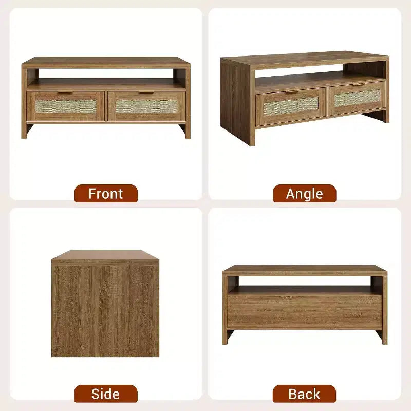 Table basse Acekool Bohemian Chic en chêne, tiroirs en rotin, poignées dorées, 2 tiroirs de rangement, moderne Mid-Century, marron vintage