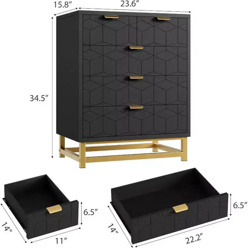Commode de rangement moderne Acekool à 5 tiroirs avec poignées métalliques pour chambre, salon ou entrée - Blanc avec pieds en métal doré