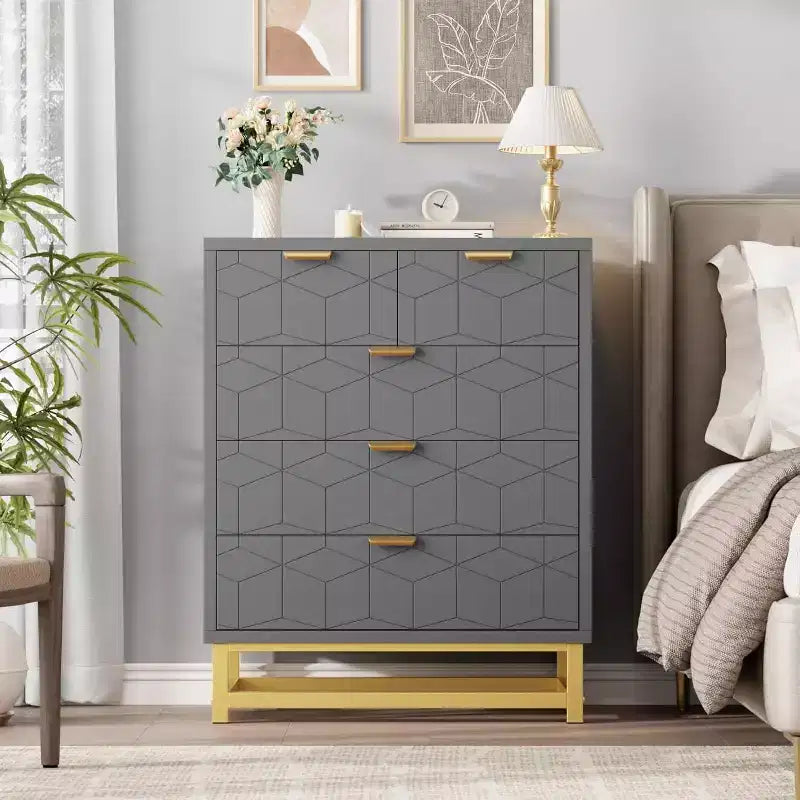 Commode de rangement moderne Acekool à 5 tiroirs avec poignées métalliques pour chambre, salon ou entrée - Blanc avec pieds en métal doré