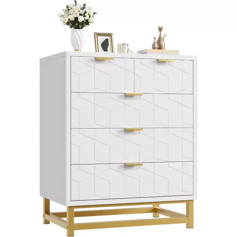 Commode de rangement moderne Acekool à 5 tiroirs avec poignées métalliques pour chambre, salon ou entrée - Blanc avec pieds en métal doré