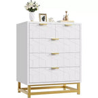 Commode de rangement moderne Acekool à 5 tiroirs avec poignées métalliques pour chambre, salon ou entrée - Blanc avec pieds en métal doré