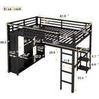 Lit mezzanine Queen Size avec armoire intégrée, Lit mezzanine en métal avec bureau et étagères de rangement Noir