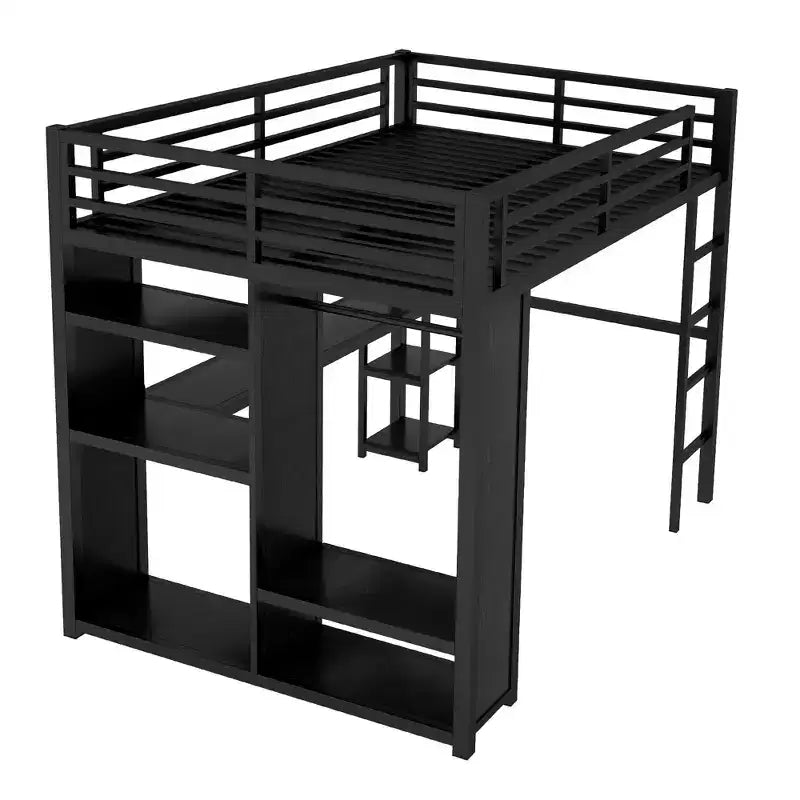 Lit mezzanine Queen Size avec armoire intégrée, Lit mezzanine en métal avec bureau et étagères de rangement Noir