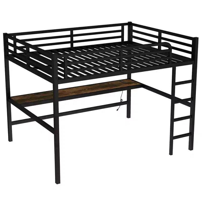 Lit mezzanine en métal double XL avec prise de courant et éclairage LED, peu encombrant, réduction du bruit, noir