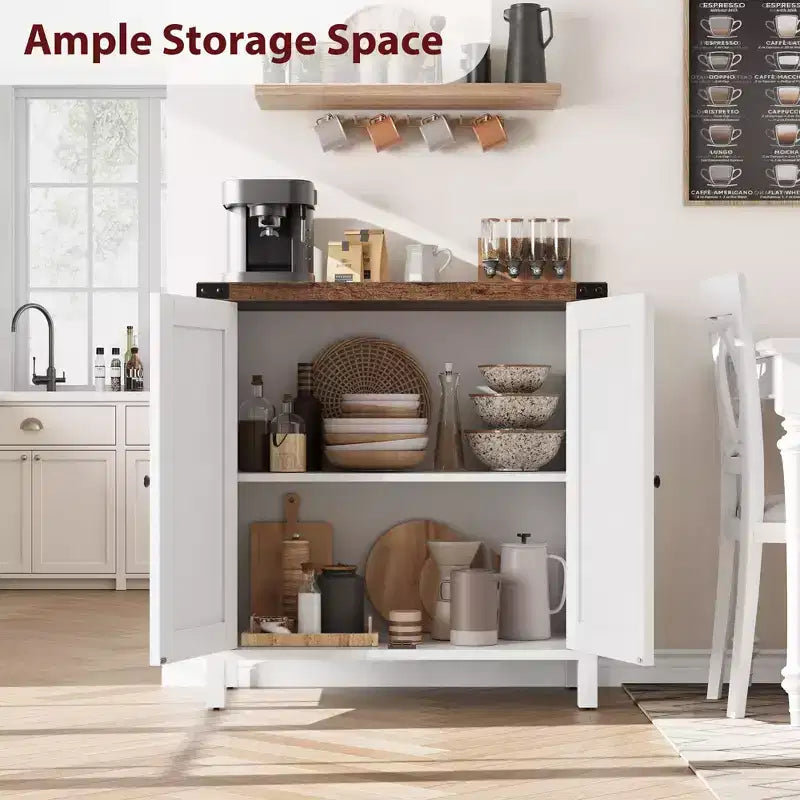 Lot de 2 armoires de rangement de style ferme avec 2 portes et étagères réglables, buffet pour salon, salle à manger, entrée, blanc + marron