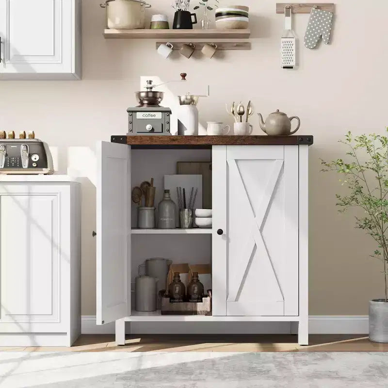 Lot de 2 armoires de rangement de style ferme avec 2 portes et étagères réglables, buffet pour salon, salle à manger, entrée, blanc + marron