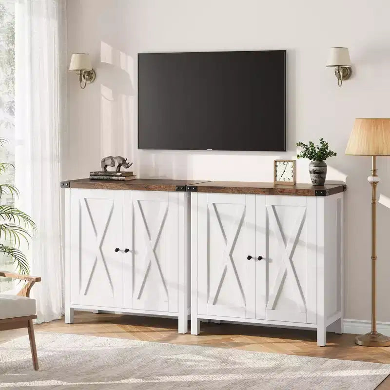 Lot de 2 armoires de rangement de style ferme avec 2 portes et étagères réglables, buffet pour salon, salle à manger, entrée, blanc + marron