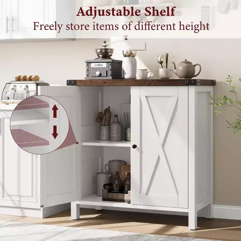 Lot de 2 armoires de rangement de style ferme avec 2 portes et étagères réglables, buffet pour salon, salle à manger, entrée, blanc + marron