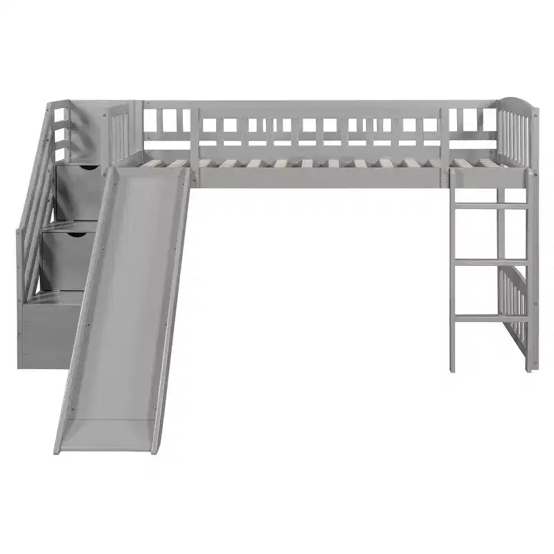 Lit mezzanine bas pour enfants avec escalier, toboggan et tiroirs en bois, taille double
