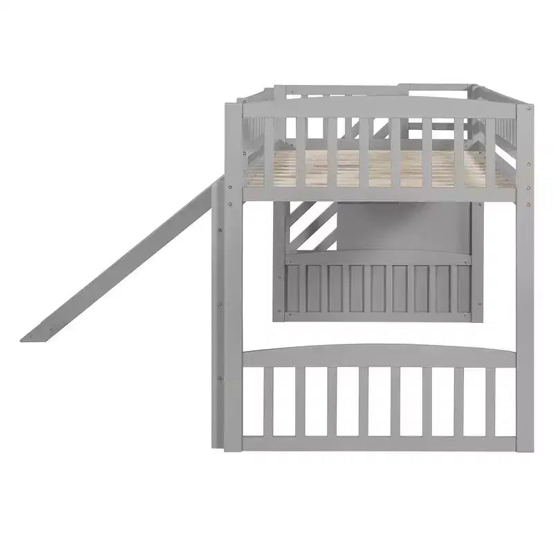 Lit mezzanine bas pour enfants avec escalier, toboggan et tiroirs en bois, taille double