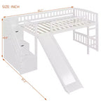 Lit mezzanine bas pour enfants avec escalier, toboggan et tiroirs en bois, taille double