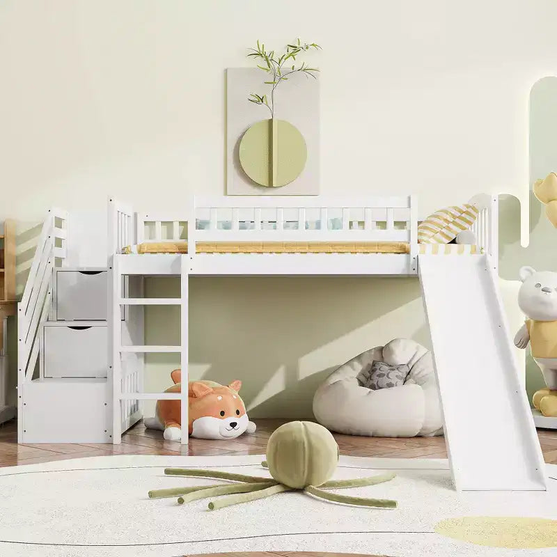 Lit mezzanine bas pour enfants avec escalier, toboggan et tiroirs en bois, taille double