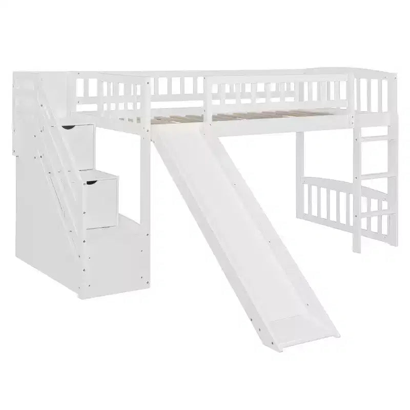 Lit mezzanine bas pour enfants avec escalier, toboggan et tiroirs en bois, taille double