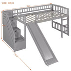 Lit mezzanine bas pour enfants avec escalier, toboggan et tiroirs en bois, taille double