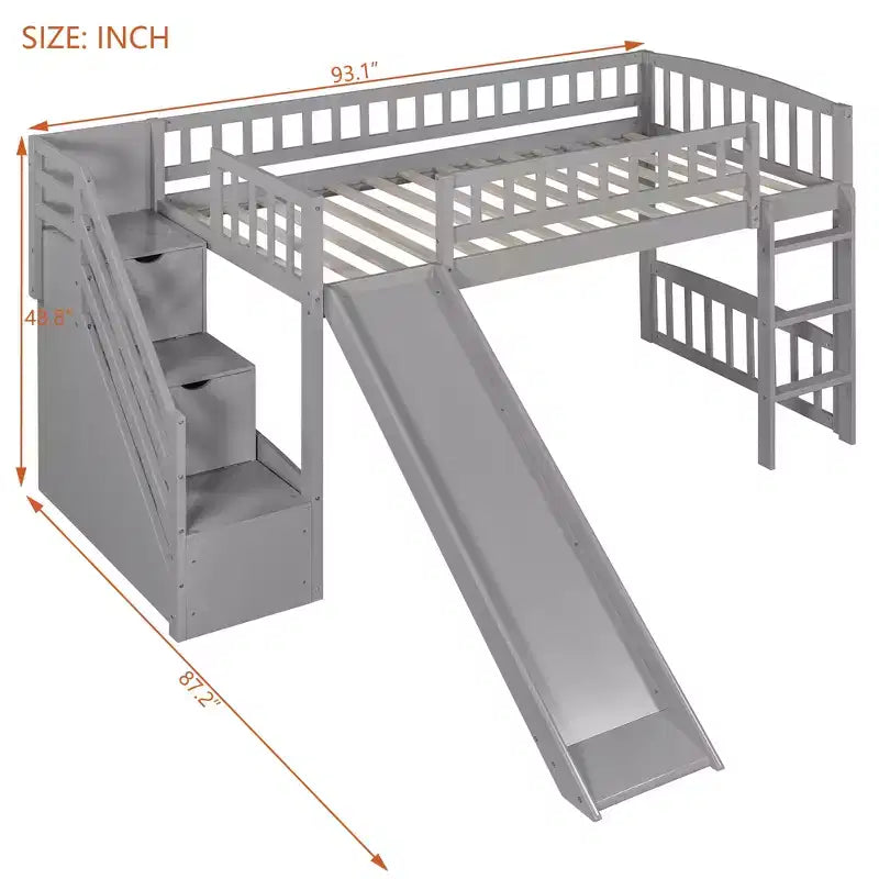 Lit mezzanine bas pour enfants avec escalier, toboggan et tiroirs en bois, taille double