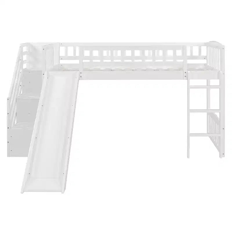 Lit mezzanine bas pour enfants avec escalier, toboggan et tiroirs en bois, taille double