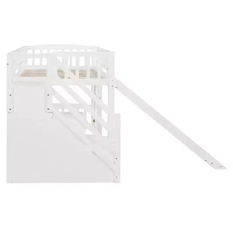 Lit mezzanine bas pour enfants avec escalier, toboggan et tiroirs en bois, taille double