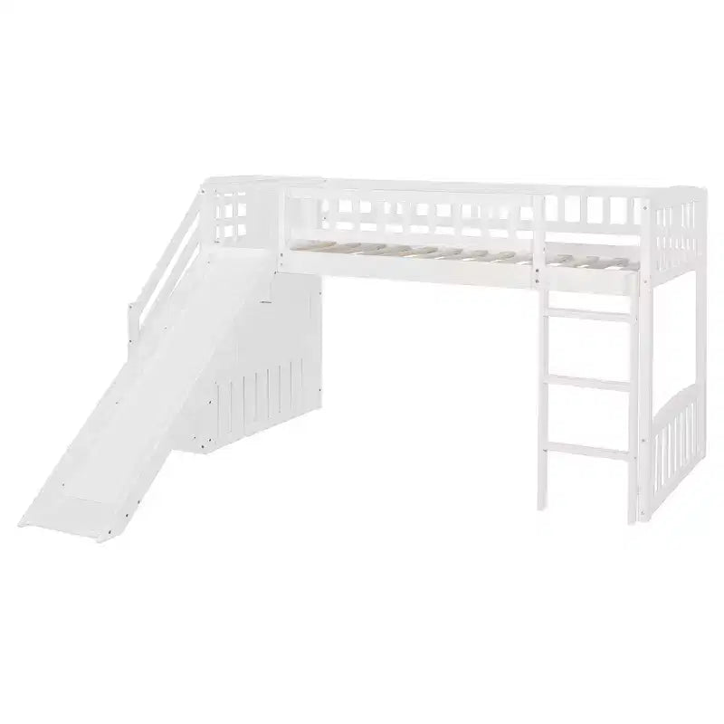 Lit mezzanine bas pour enfants avec escalier, toboggan et tiroirs en bois, taille double
