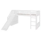 Lit mezzanine bas pour enfants avec escalier, toboggan et tiroirs en bois, taille double