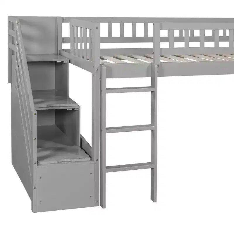 Lit mezzanine bas pour enfants avec escalier, toboggan et tiroirs en bois, taille double