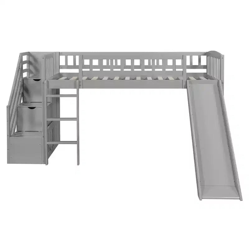 Lit mezzanine bas pour enfants avec escalier, toboggan et tiroirs en bois, taille double