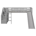 Lit mezzanine bas pour enfants avec escalier, toboggan et tiroirs en bois, taille double
