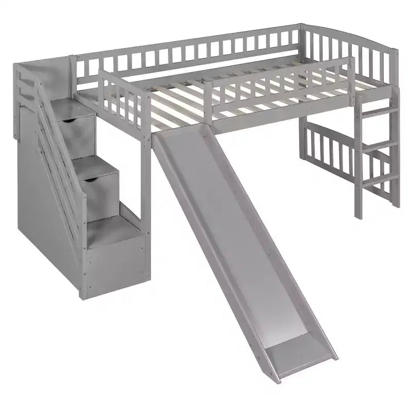 Lit mezzanine bas pour enfants avec escalier, toboggan et tiroirs en bois, taille double