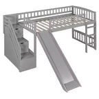 Lit mezzanine bas pour enfants avec escalier, toboggan et tiroirs en bois, taille double