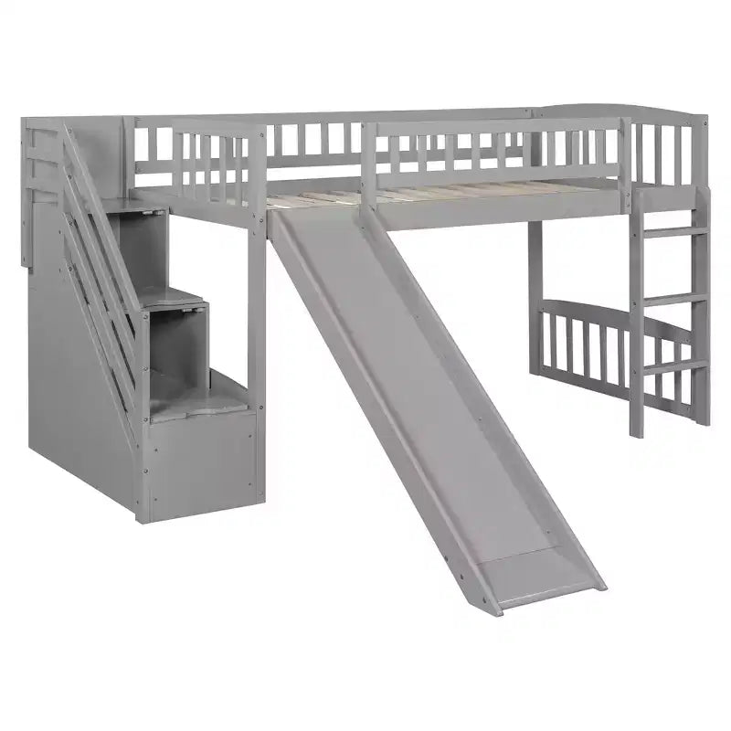 Lit mezzanine bas pour enfants avec escalier, toboggan et tiroirs en bois, taille double