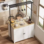 Coolmee Îlot de cuisine mobile avec rangement 42 - Chariot de cuisine robuste avec étagères à 2 niveaux et 5 crochets, comptoir en bois pour petits espaces