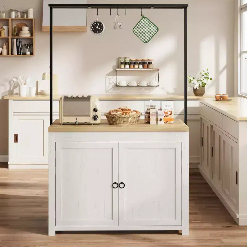Coolmee Îlot de cuisine mobile avec rangement 42 - Chariot de cuisine robuste avec étagères à 2 niveaux et 5 crochets, comptoir en bois pour petits espaces
