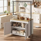 Coolmee Îlot de cuisine mobile avec rangement 42 - Chariot de cuisine robuste avec étagères à 2 niveaux et 5 crochets, comptoir en bois pour petits espaces