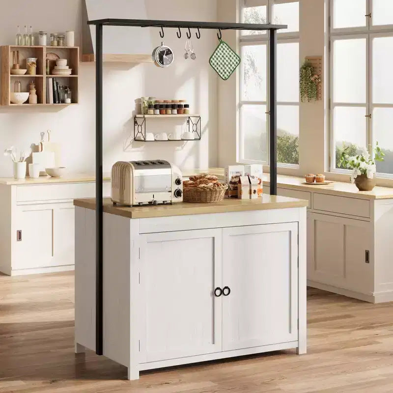 Coolmee Îlot de cuisine mobile avec rangement 42 - Chariot de cuisine robuste avec étagères à 2 niveaux et 5 crochets, comptoir en bois pour petits espaces