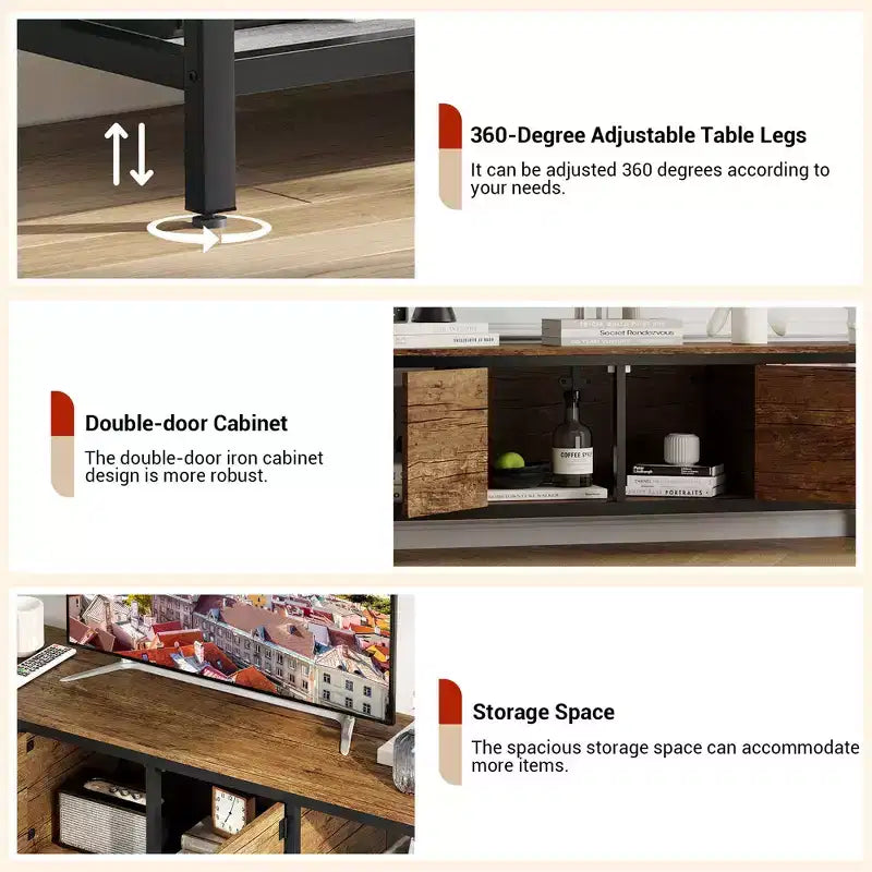 Meuble TV, Meuble TV rustique avec 2 espaces de rangement fermés et compartiment ouvert, Table de meuble TV en bois avec pieds réglables, Centre de divertissement multimédia