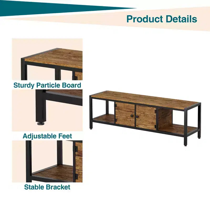 Meuble TV, Meuble TV rustique avec 2 espaces de rangement fermés et compartiment ouvert, Table de meuble TV en bois avec pieds réglables, Centre de divertissement multimédia