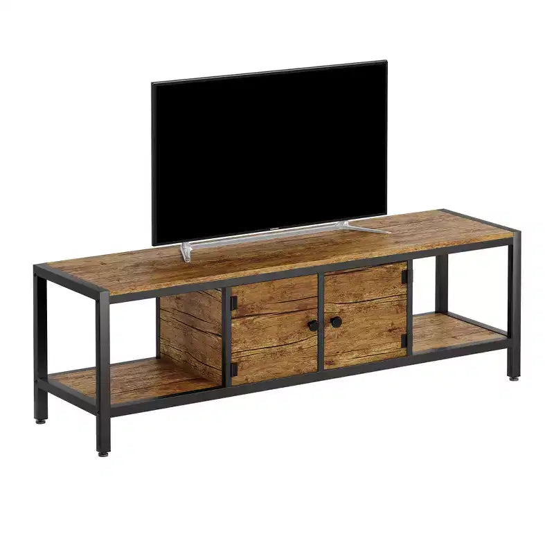 Meuble TV, Meuble TV rustique avec 2 espaces de rangement fermés et compartiment ouvert, Table de meuble TV en bois avec pieds réglables, Centre de divertissement multimédia