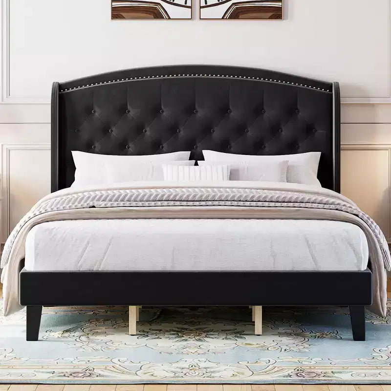 TROPOW King Size Wingback Headboard Bed Frame - Low Profile Upholstered Platform Bed, Sturdy Wooden Slat Support, No Box Spring Needed