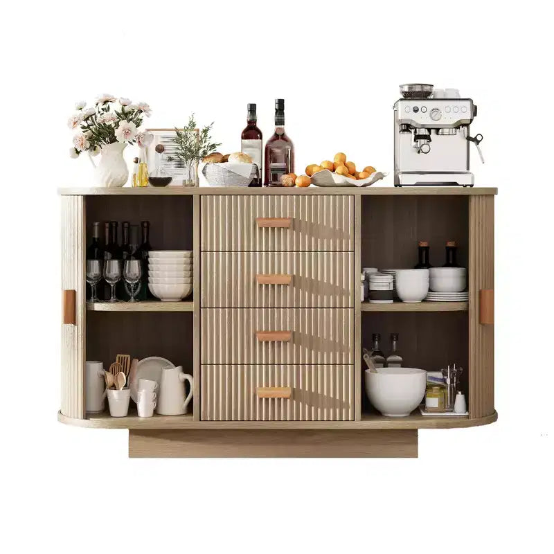 Meuble buffet, bar à café multifonctionnel cannelé de 120 cm avec 4 tiroirs et portes coulissantes - Bahut moderne en chêne