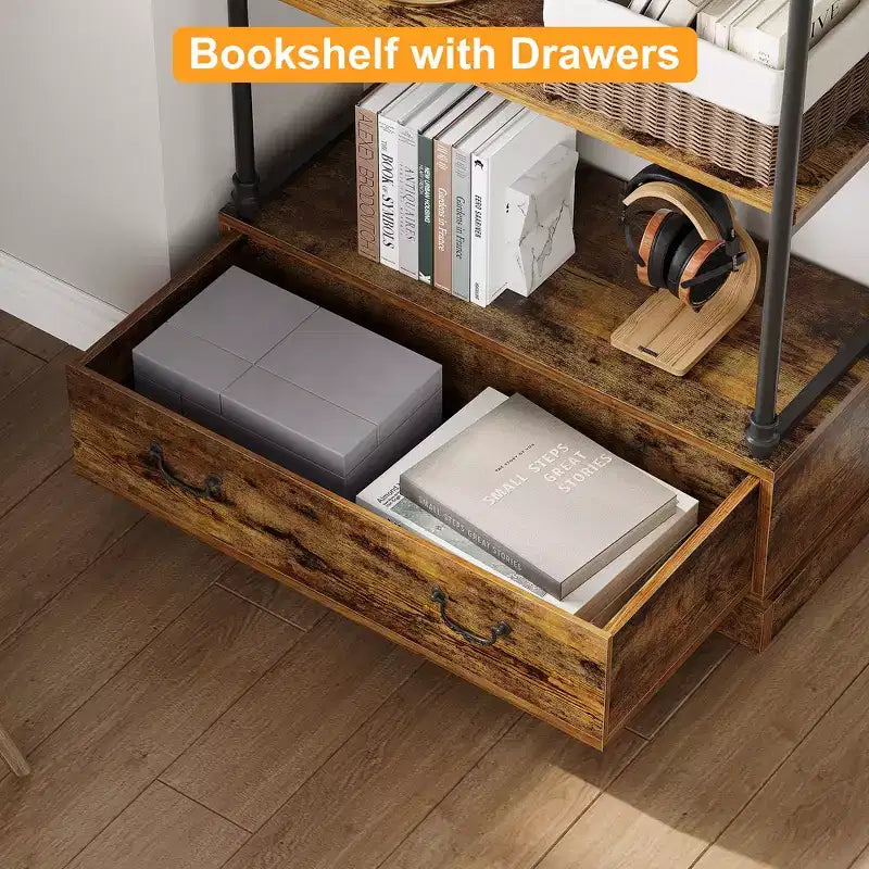 Étagère vintage à 5 niveaux COZONY avec tiroir – Bibliothèque haute industrielle avec cadre en métal pour salon, bureau