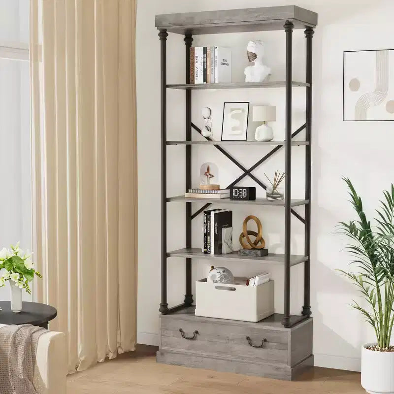 Étagère vintage à 5 niveaux COZONY avec tiroir – Bibliothèque haute industrielle avec cadre en métal pour salon, bureau