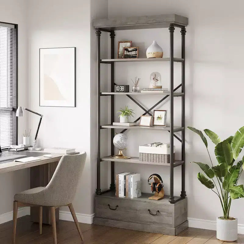 Étagère vintage à 5 niveaux COZONY avec tiroir – Bibliothèque haute industrielle avec cadre en métal pour salon, bureau