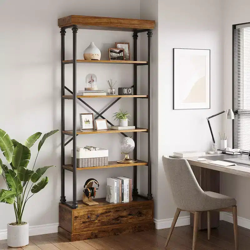 Étagère vintage à 5 niveaux COZONY avec tiroir – Bibliothèque haute industrielle avec cadre en métal pour salon, bureau