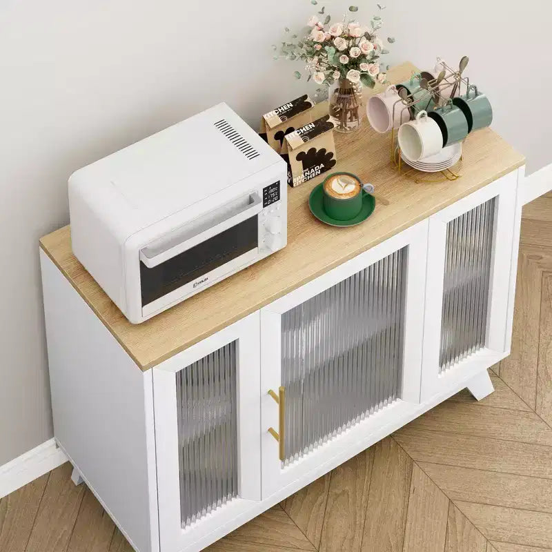 Coolmee Armoire de Rangement d'Appoint, Buffet 91 cm avec Porte en Verre Cannelé et Étagère Réglable, Meuble Bar à Café pour Cuisine, Salle à Manger