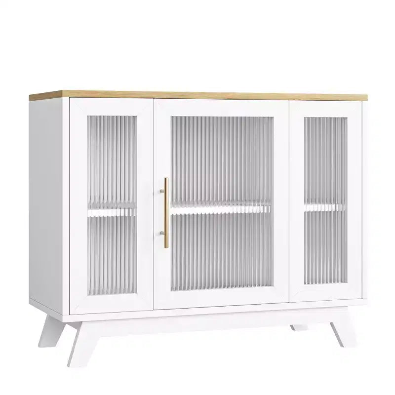 Coolmee Armoire de Rangement d'Appoint, Buffet 91 cm avec Porte en Verre Cannelé et Étagère Réglable, Meuble Bar à Café pour Cuisine, Salle à Manger