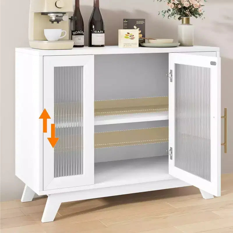 Coolmee Armoire de Rangement d'Appoint, Buffet 91 cm avec Porte en Verre Cannelé et Étagère Réglable, Meuble Bar à Café pour Cuisine, Salle à Manger