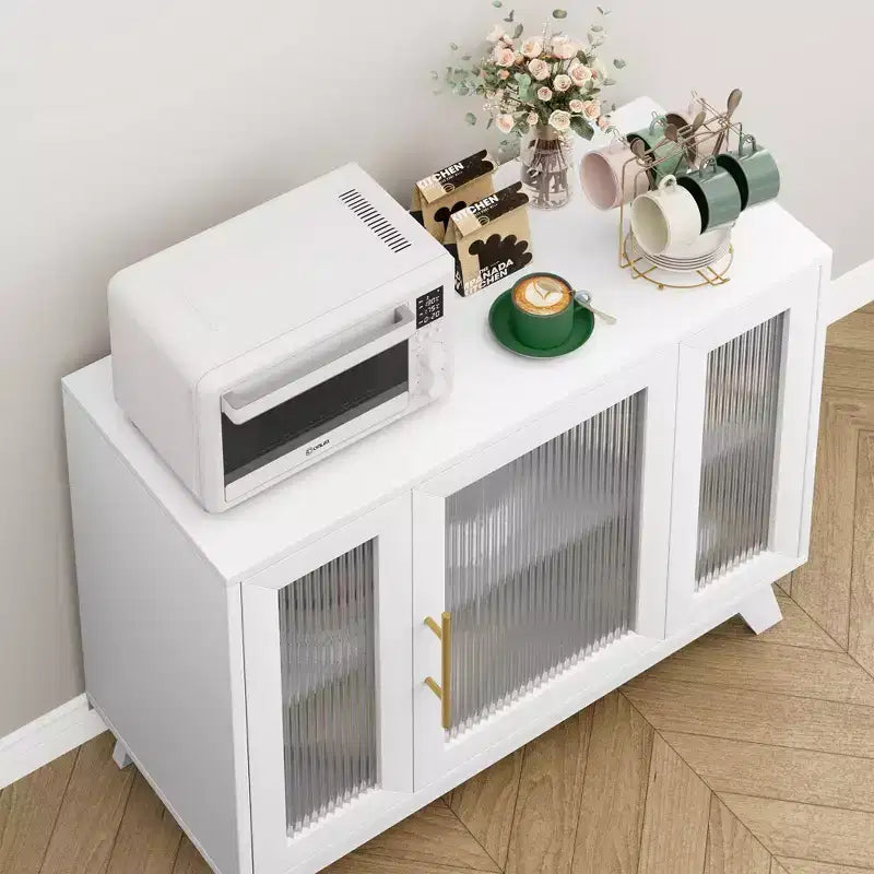 Coolmee Armoire de Rangement d'Appoint, Buffet 91 cm avec Porte en Verre Cannelé et Étagère Réglable, Meuble Bar à Café pour Cuisine, Salle à Manger