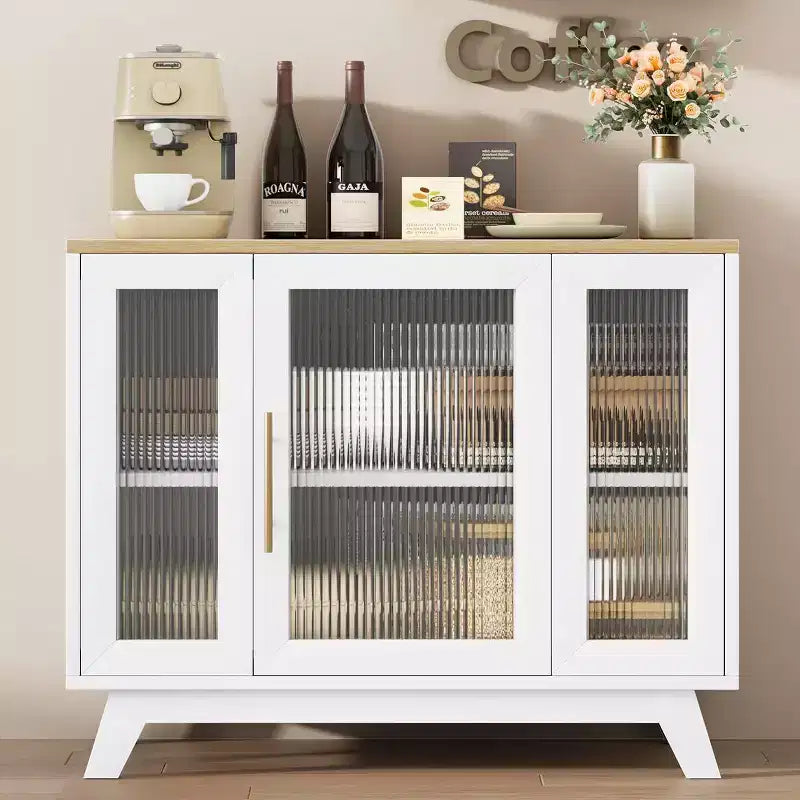 Coolmee Armoire de Rangement d'Appoint, Buffet 91 cm avec Porte en Verre Cannelé et Étagère Réglable, Meuble Bar à Café pour Cuisine, Salle à Manger