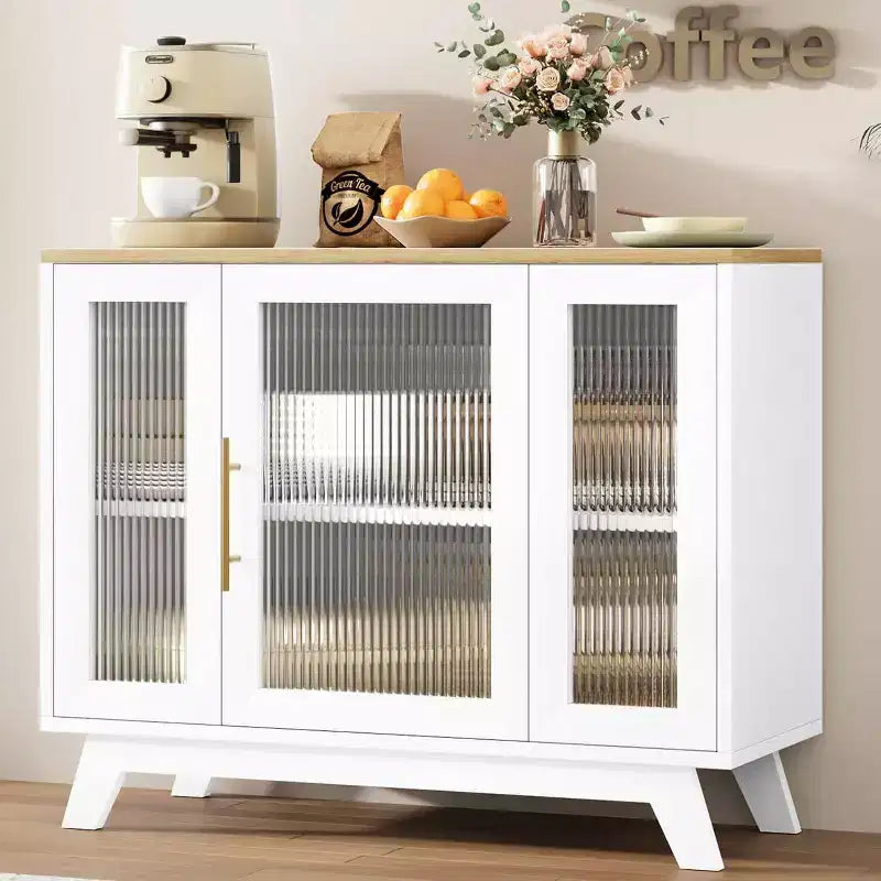 Coolmee Armoire de Rangement d'Appoint, Buffet 91 cm avec Porte en Verre Cannelé et Étagère Réglable, Meuble Bar à Café pour Cuisine, Salle à Manger