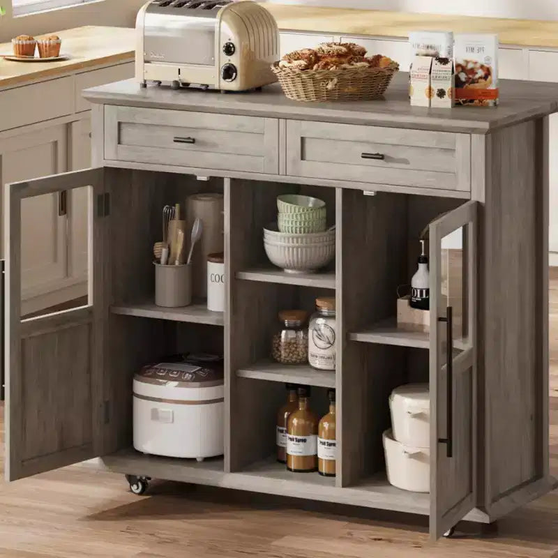 Îlot de cuisine roulant Coolmee avec abattant, desserte à roulettes avec rangement, chariot de micro-ondes sur roulettes, desserte de bar de table pour cuisine avec porte-serviettes
